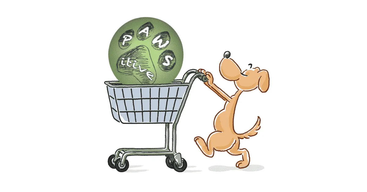Online-Shop-Hund-kauft-Social-Media Hund beim Einkaufen von Hundespielzeug